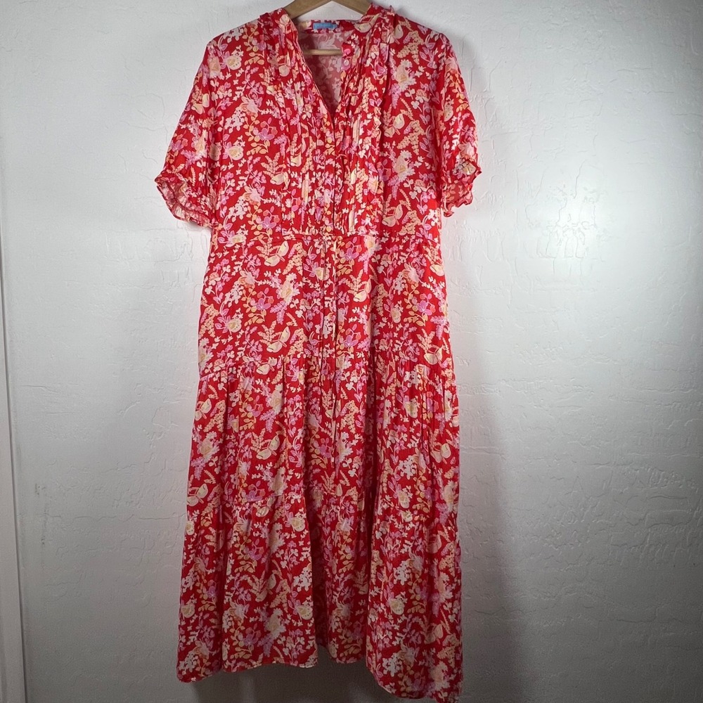 J.McLaughlin Red Floral Butterfly Silk Blend Tiered Maxi Dress Womens Medium